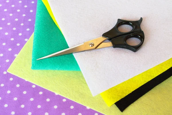 Set Sewing Items Sewing Concept Colored Felt Sheets Set Scissors — Stock Photo, Image