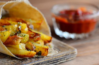 Baharatlı patates kızartması kağıt ve bir masa, bir cam kapta domates sosu. Ev yapımı patates aperatifler. Portre