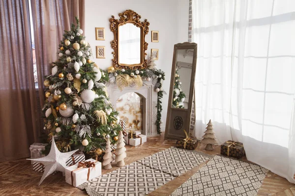 Decorated Christmas, New year room with beautiful fir tree, gifts, mirror, large window, white curtains and cosy fireplace