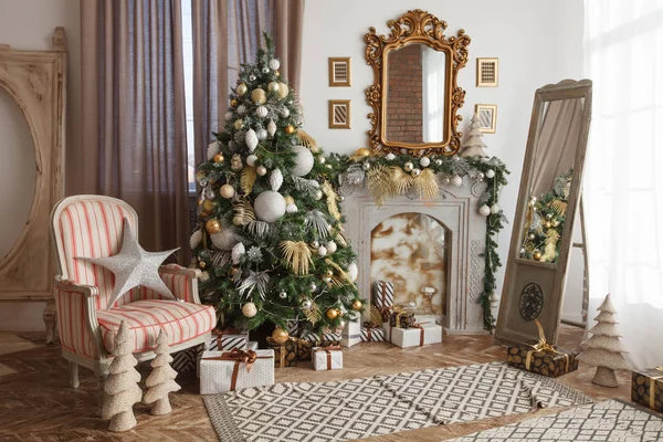 Decorated Christmas, New year room with beautiful fir tree, armchair, gifts, mirror and fireplace