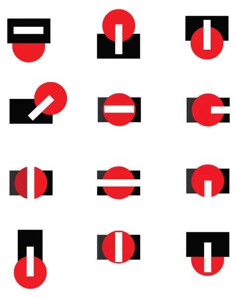 Bauhaus Style Malá geometrická loga v červeném černém a bílém kruhu — Stockový vektor