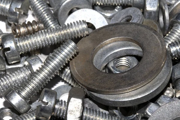 Insamling Gamla Bult Skruvar Muttrar Engineering Metal Tools Vit Bakgrund — Stockfoto