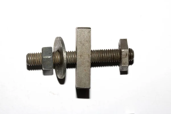 Συλλογή Από Παλιά Μπουλόνια Βίδες Nuts Engineering Μεταλλικά Εργαλεία Λευκό — Φωτογραφία Αρχείου