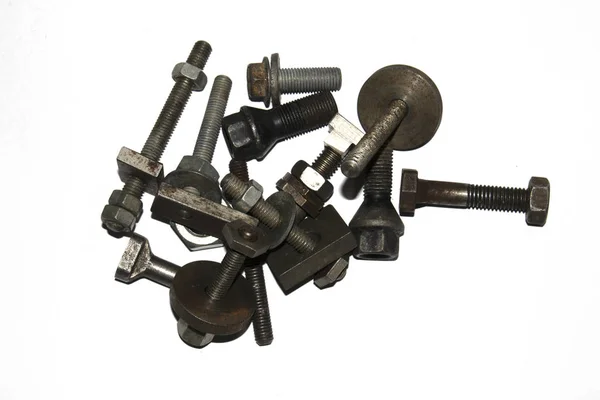 Collectie Van Oude Bout Schroeven Moeren Engineering Metal Tools Witte — Stockfoto