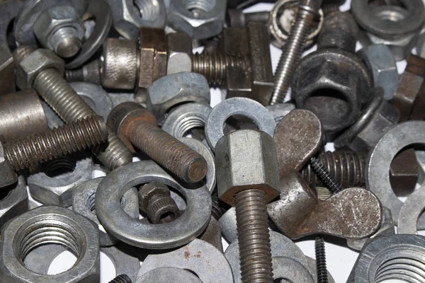 Insamling Gamla Bult Skruvar Muttrar Engineering Metal Tools Vit Bakgrund — Stockfoto