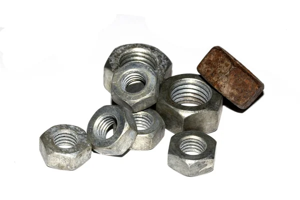 Insamling Gamla Bult Skruvar Muttrar Engineering Metal Tools Vit Bakgrund — Stockfoto