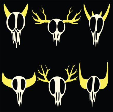 Ürkütücü Geyik Hayvanı Kafatası Koleksiyonu Sarı Boynuzlar Vektör İllüzyonu