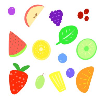 Basit bir Karikatür Vector Dilimleri Meyve Çileği, Portakal, Üzüm, Karpuz, Yabanmersini, Kivi İllüstrasyonu
