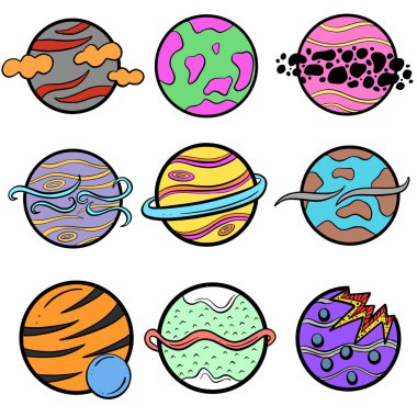 A Collection Icon Set of Imaginary Science Fiction Cartoon Planets and Worlds Illustration Vector