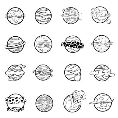 A Collection Icon Set of Imaginary Science Fiction Cartoon Planets and Worlds Illustration Vector
