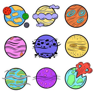 A Collection Icon Set of Imaginary Science Fiction Cartoon Planets and Worlds Illustration Vector