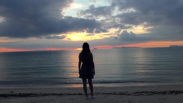 Mooie vrouw genieten van de zonsondergang op het strand — Stockvideo