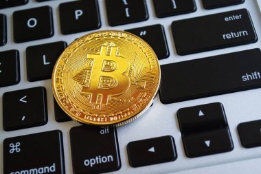 Bitcoin altın renk üstünde belgili tanımlık defter - arka plan klavye