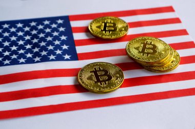 ABD bayrağı Bitcoin altın rengi. Amerika Birleşik Devletleri bayrağı arka plan üzerinde Cryptocurrency