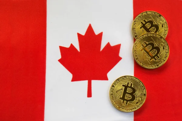 Kanada bayrağı Bitcoin altın rengi. Cryptocurrency Kanada bayrağı arka plan üzerinde
