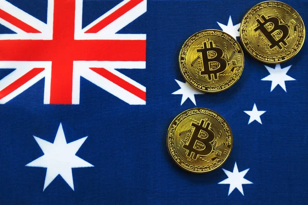 Avustralya bayrağı Bitcoin altın rengi. Avustralya bayrağı arka plan üzerinde Cryptocurrency