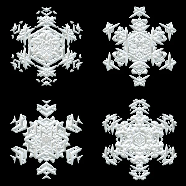 Set von vier verschiedenen weißen Schneeflocken auf schwarzem Hintergrund — Stockfoto