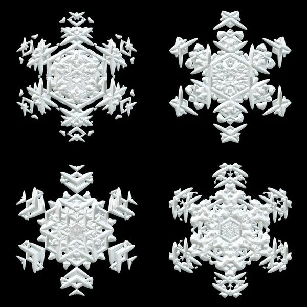 Set of four different white snowflakes on black background — Stock Photo, Image