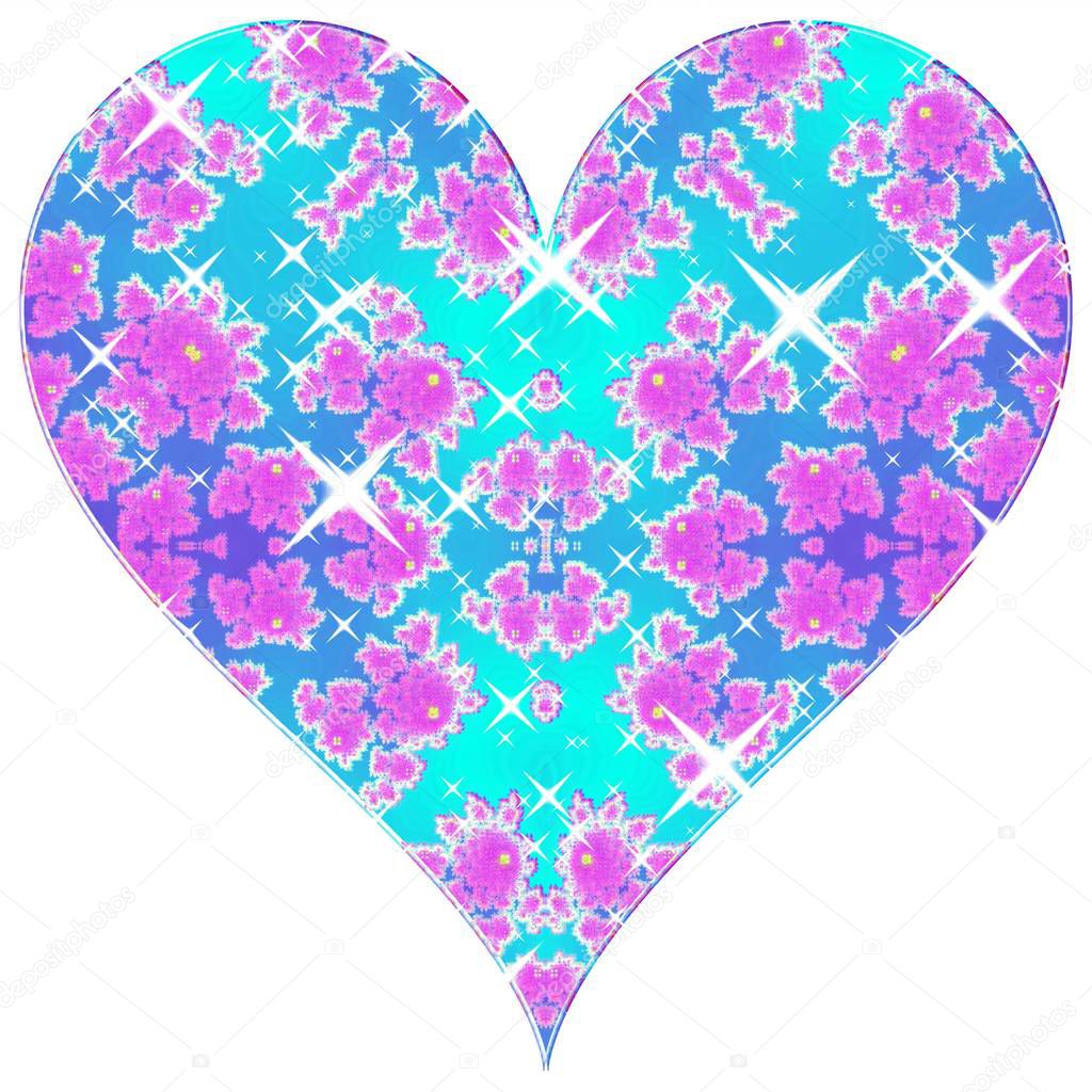 Sparkling pink and turquoise blue beautiful heart on white