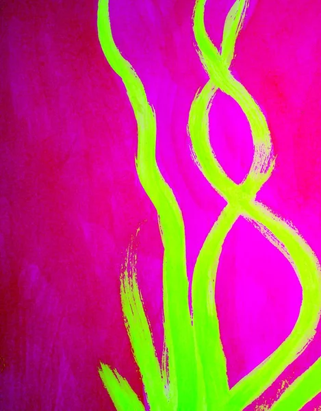 ピンクのネオンとライム黄色抽象的な波線手水彩ペイント画像 — ストック写真
