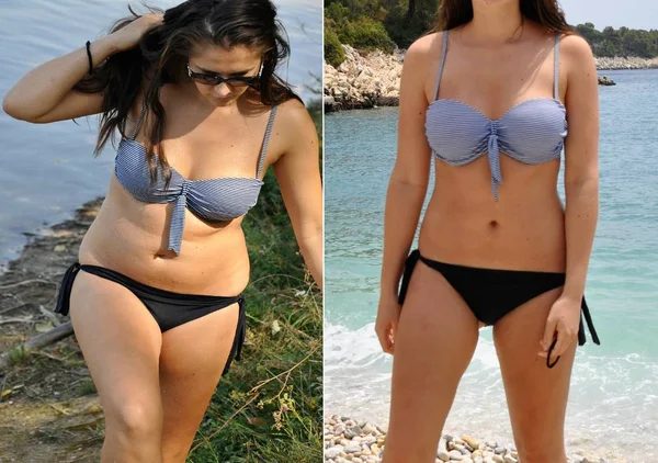 Реал до і після фото втрата ваги жінки тіла в бікіні. Стокова Картинка