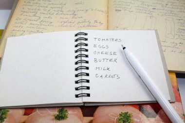 Alışveriş listesi için bir reçete pişirme, Gıda alışveriş kartı planlama.