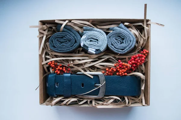 Gift set in a wooden box, a gift for a man / a beautiful gift with a belt and socks
