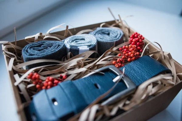 Gift set in a wooden box, a gift for a man / a beautiful gift with a belt and socks