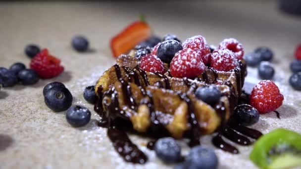 Delicious Holiday Wafers Raspberries Blueberries Waffles Berries Sweet Powder — Stock Video