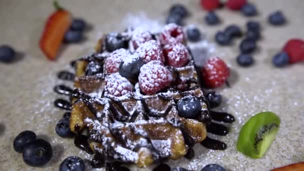 Delicious Holiday Wafers Raspberries Blueberries Waffles Berries Sweet Powder — Stock Video