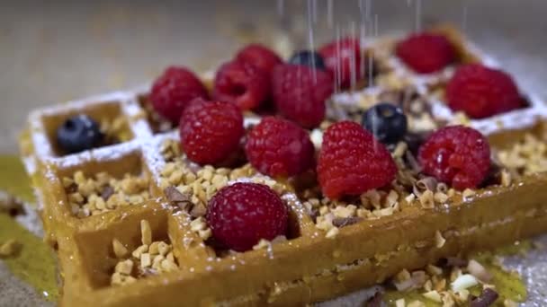 Delicious Holiday Wafers Raspberries Blueberries Waffles Berries Sweet Powder — Stock Video