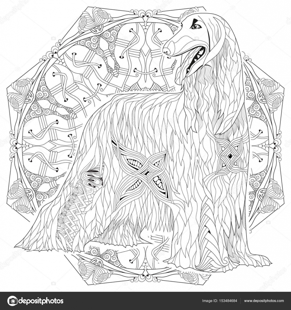 Mandala con il cane per la colorazione Vettore decorativo Adulto da colorare antistress Disegnato a mano in bianco e nero illustrazione levriero afgano per libro da colorare — Vettoriali di kseniaksenia2