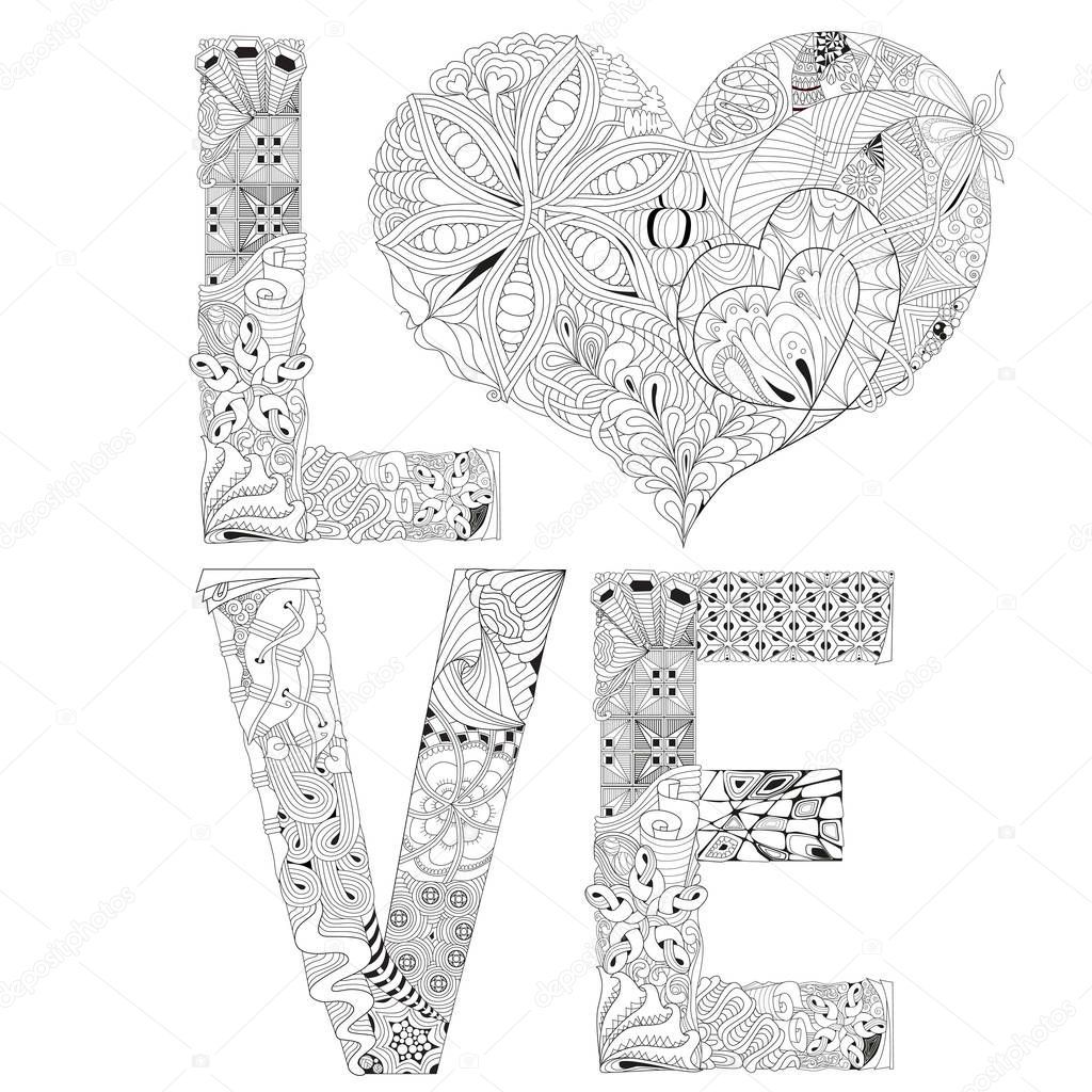 Download Word love with heart for coloring. Vector decorative zentangle object — Stock Vector ...