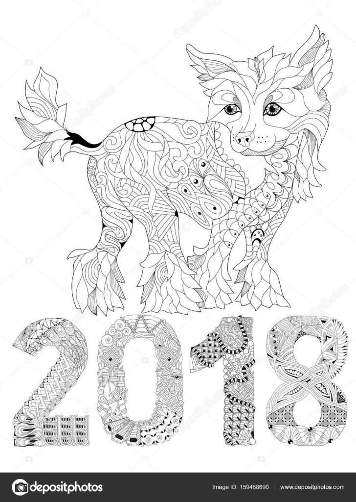 Numéro 2018 Zentangle Avec Chien Objet Décoratif Vectoriel