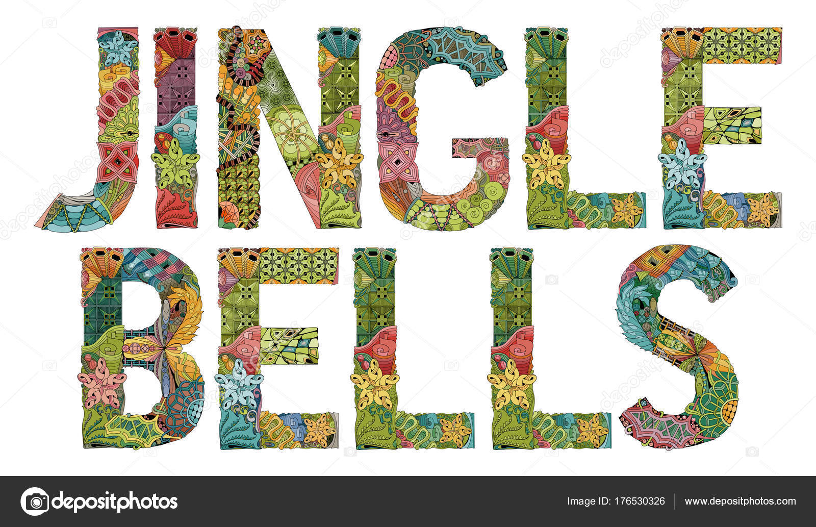 Zentangle christmas designs Words JINGLE BELLS. Vector decorative