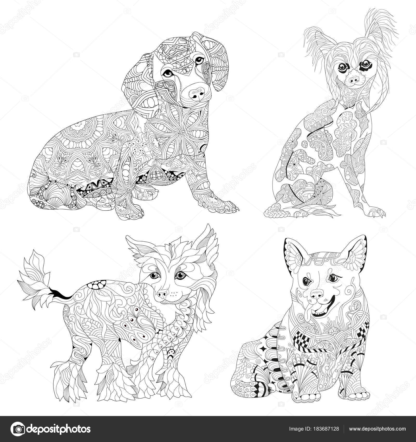 Set di zentangle stilizzato cani Illustrazione di vettore del pizzo disegnato a mano — Vettoriale