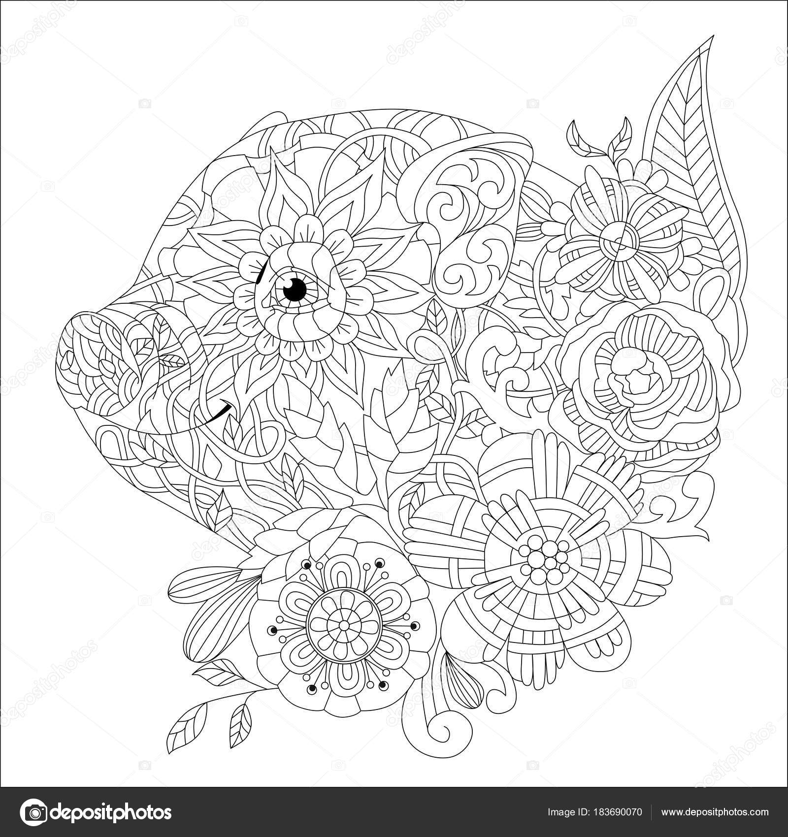 Piggy Met Bloemen Kleurplaten Voor Volwassenen Vector Boek