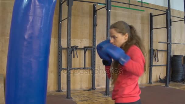 Atleta joven hermosa de la muchacha de la cámara lenta que ejerce para la defensa personal en el boxeo G — Vídeos de Stock