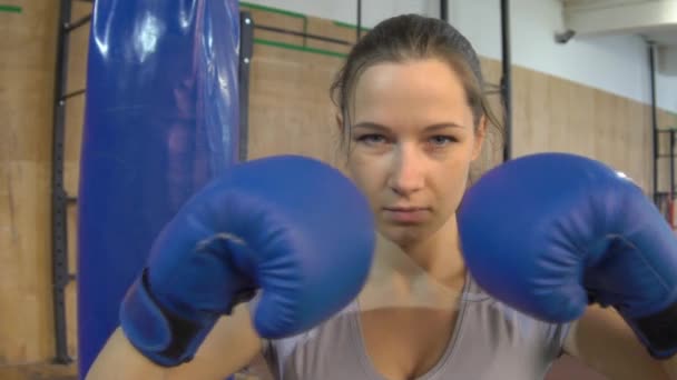 Slow Motion Sexy Girl Punching Gloves Together, Closeup — Stock Video