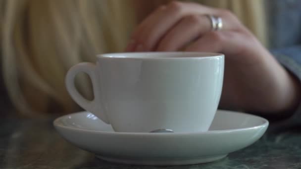 Girl With A Cup Of Coffee In A Cafe Slow Motion — Stock Video