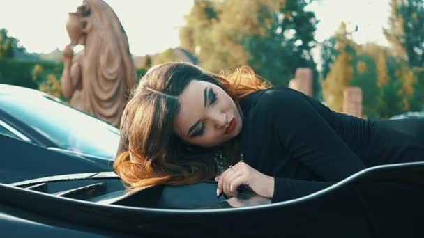 Slow Motion Beautiful Girl Sat Black Convertible Sports Car Flirting — Stock Video