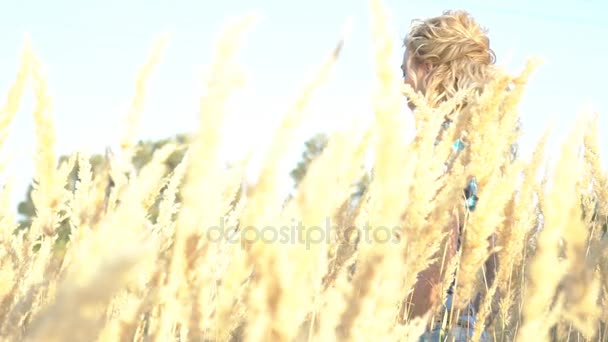 Slow Motion Beauty Girl Long Hair Standing Yellow Wheat Field — Stock Video