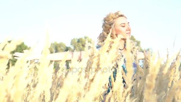 Slow Motion Girl Arms Outstretched Wheat Field — Stock Video