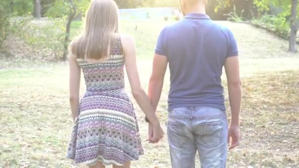 Coppia Tempo Reale Tenendo Mani Piedi Romantico Nel Parco Della — Video Stock