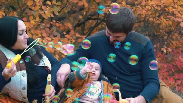 Slow Motion Familie Spelen Met Zeepbellen — Stockvideo