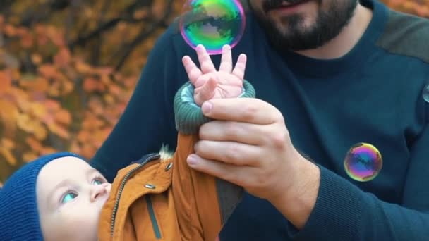 Медленное Движение Тоддлер Играет Мыльными Пузырями Осеннем Парке — стоковое видео