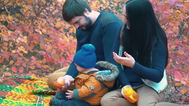 秋の公園 クローズ アップで楽しい小さな子供とスローモーションの若い家族 — ストック動画