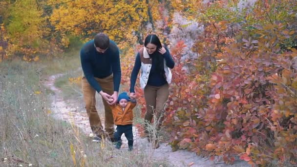 Slow Motion Familie Lopen Natuur Autumn Weekend Buiten Het Bos — Stockvideo