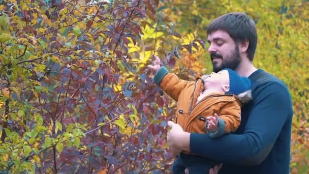 Slow Motion Autumn Park Pai Filho — Vídeo de Stock