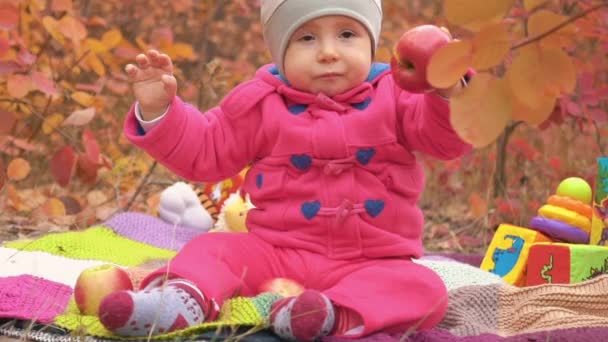 Slow Motion Little Girl Eating Apple Autumn Park — Stock Video